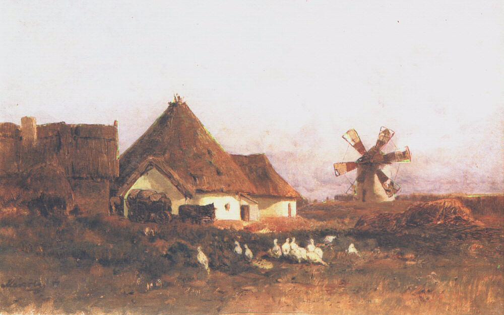 Landscape with Windmill (Detail of Szentivan) 1880 | Geza Meszoly | Oil Painting