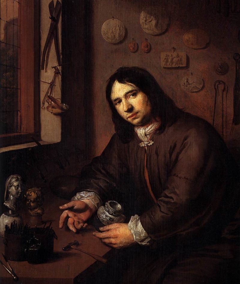 Portrait of a Silversmith in His Workshop (detail) 1680 | Dutch Unknown Master | oil painting