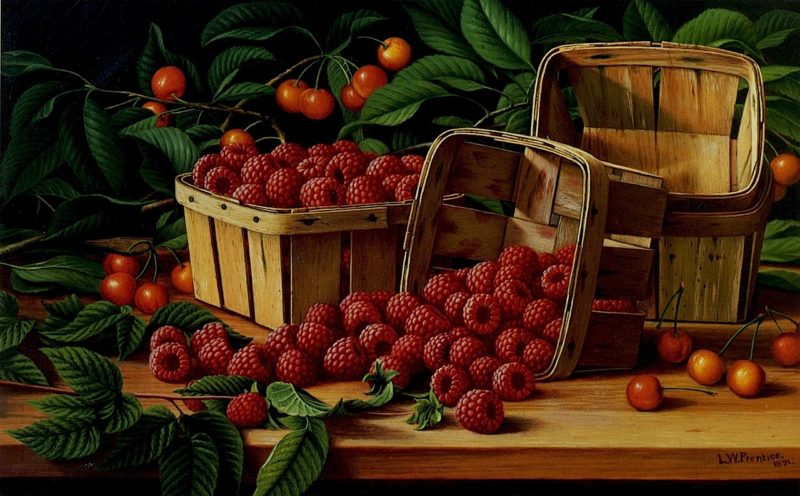 Cherries and Raspberries in a Basket | Levi Wells Prentice | oil painting