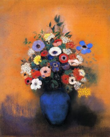 Minosas Anemonies and Leaves in a Blue Vase | Odilon Redon | oil painting