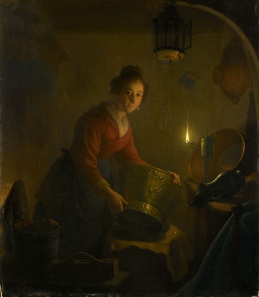 A woman in a kitchen by the light of an oil lamp | Michiel Versteegh | Oil Painting