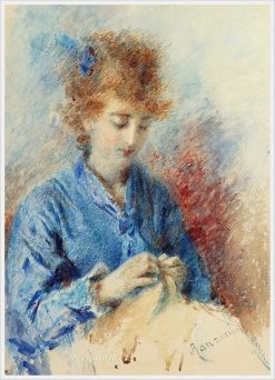 A young lady sewing | Daniele Ranzoni | Oil Painting