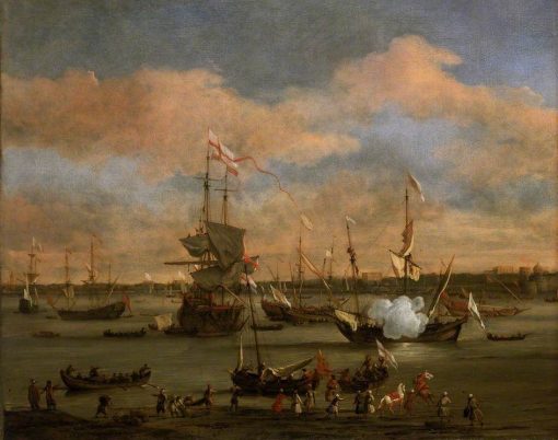 An English Merchant Ship in a Mediterranean Harbour in a Light Breeze with Other Vessels | Willem van de Velde the Younger | Oil Painting