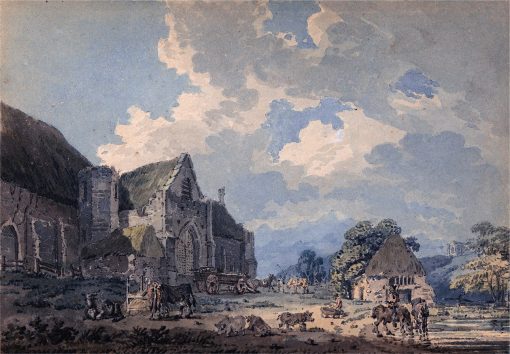 The Tithe Barn at Abbotsbury with the Abbey on the hill | Thomas Girtin | Oil Painting