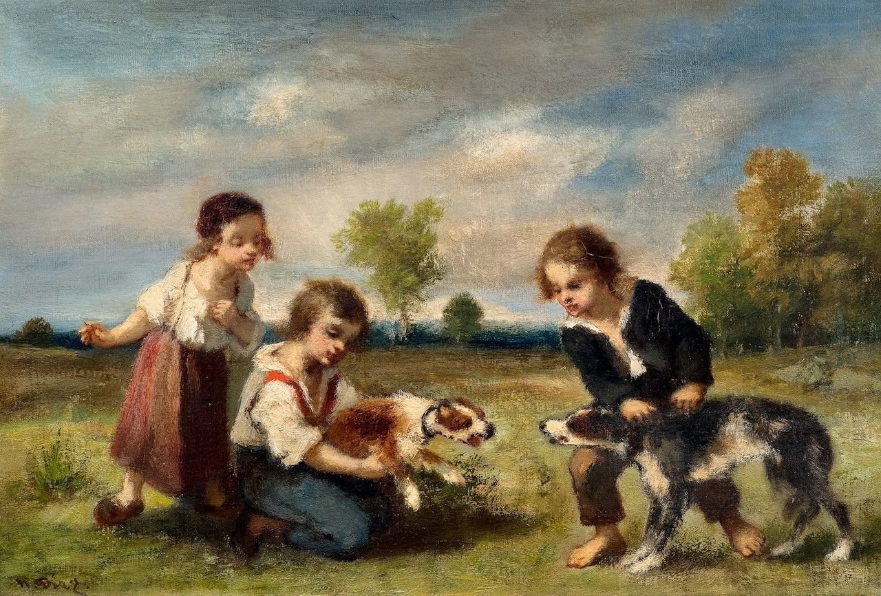 Children Playing with Dogs Painting | Narcisse Dìaz de la Peña Oil Paintings